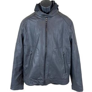 GUESS Black Hooded Lightweight Vegan Faux Leather Moto Zip Jacket